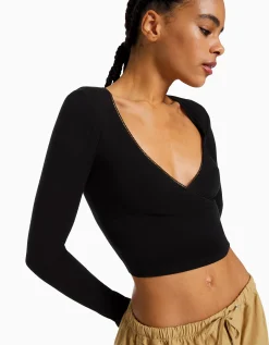 BERSHKA Camiseta manga larga cruzada Gris Sale