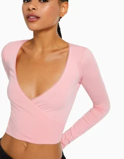 BERSHKA Camiseta manga larga cruzada Gris Best
