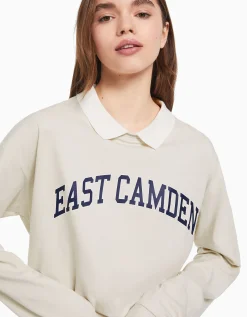 BERSHKA Camiseta manga larga cuello polo print Verde Fashion