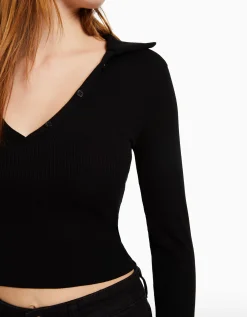 BERSHKA Camiseta manga larga cuello polo botones Negro Online