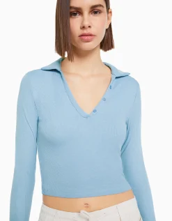 BERSHKA Camiseta manga larga cuello polo botones Negro Outlet