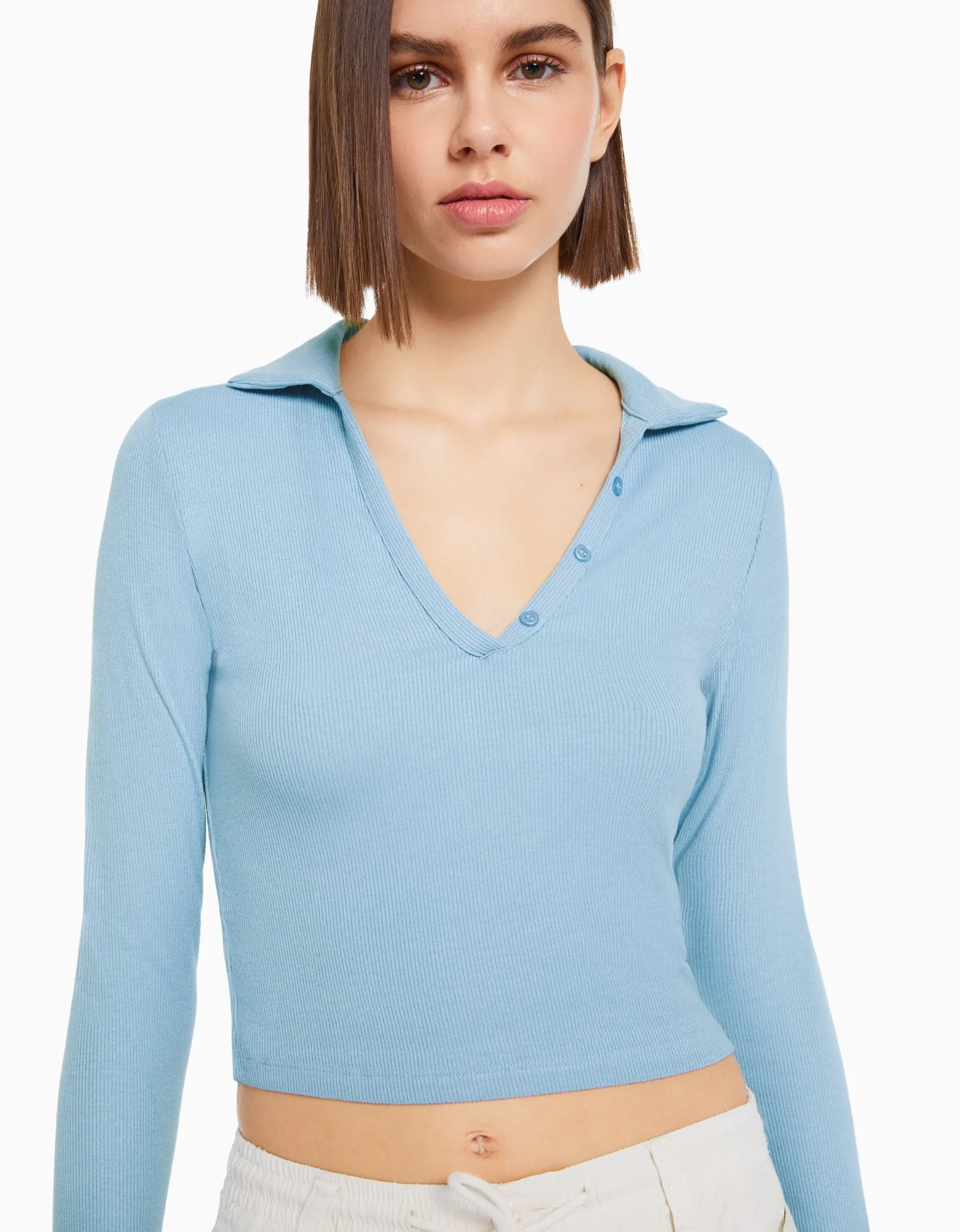 BERSHKA Camiseta manga larga cuello polo botones Negro Outlet