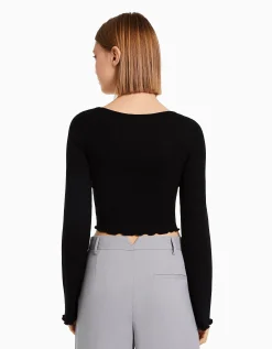 BERSHKA Camiseta manga larga cuello redondo Negro Best Sale