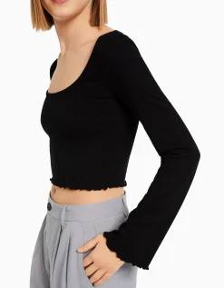 BERSHKA Camiseta manga larga cuello redondo Negro Best Sale