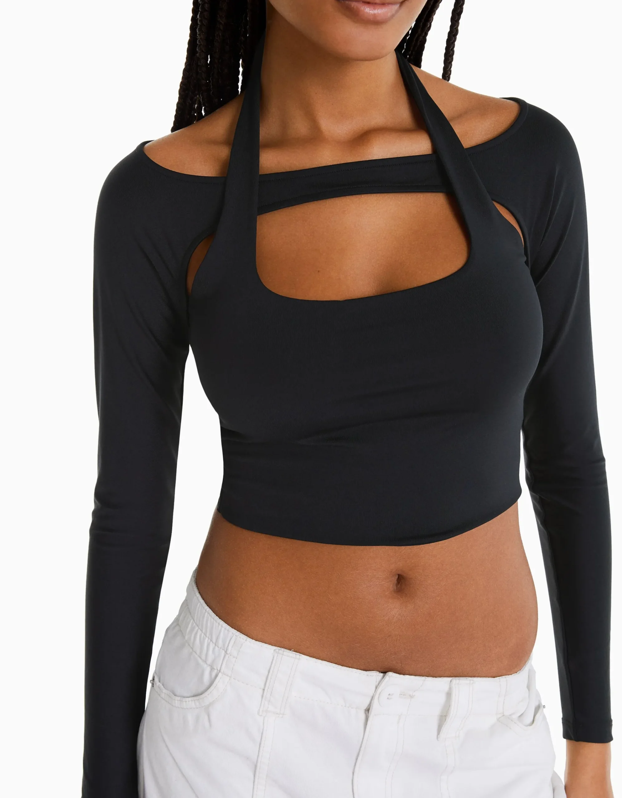 BERSHKA Camiseta manga larga detalle cuello Blanco Shop