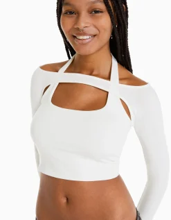 BERSHKA Camiseta manga larga detalle cuello Blanco Discount