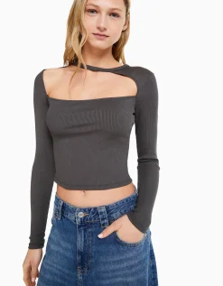 BERSHKA Camiseta manga larga escote asimétrico Negro Best