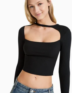 BERSHKA Camiseta manga larga escote asimétrico Negro Hot