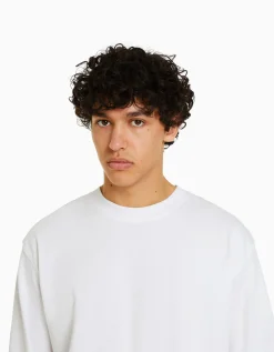 BERSHKA Camiseta manga larga oversize print Blanco Discount