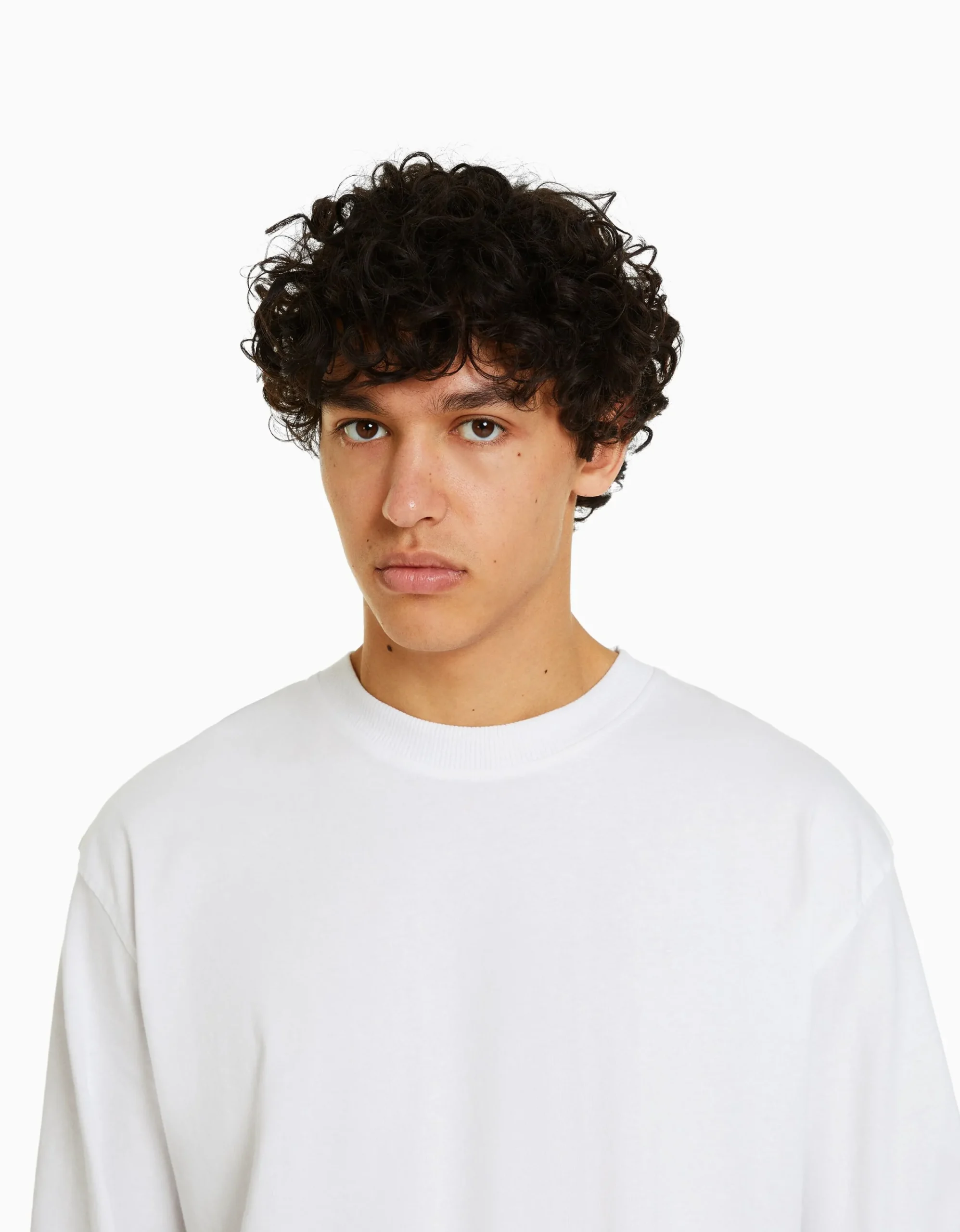 BERSHKA Camiseta manga larga oversize print Blanco Discount