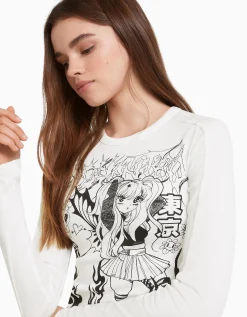 BERSHKA Camiseta manga larga print anime Rosa Hot