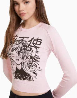 BERSHKA Camiseta manga larga print anime Rosa Hot