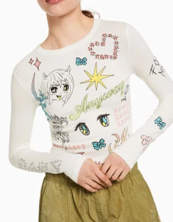 BERSHKA Camiseta manga larga print mariposa Rojo Discount