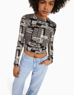 BERSHKA Camiseta manga larga print Rojo Clearance