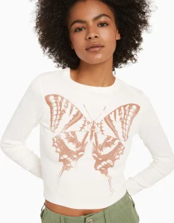 BERSHKA Camiseta manga larga print Rojo Sale