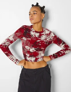 BERSHKA Camiseta manga larga print Rojo Cheap