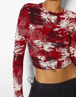BERSHKA Camiseta manga larga print Rojo Cheap