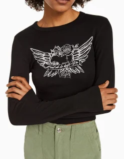 BERSHKA Camiseta manga larga print Rojo Discount
