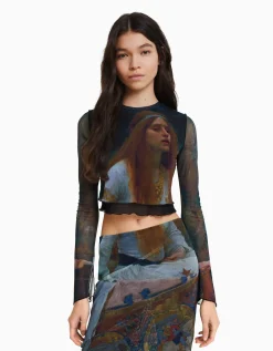 BERSHKA Camiseta manga larga print Art Series Negro Shop