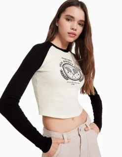 BERSHKA Camiseta manga larga ranglan Blanco / Negro Best Sale