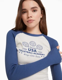 BERSHKA Camiseta manga larga ranglan Blanco / Negro Flash Sale