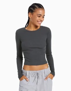 BERSHKA Camiseta manga larga rib Gris Hot