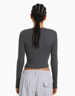 BERSHKA Camiseta manga larga rib Gris Hot