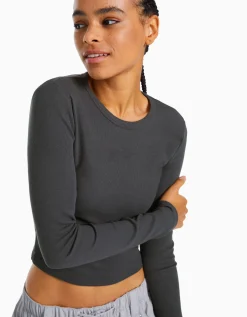 BERSHKA Camiseta manga larga rib Gris Hot