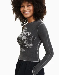 BERSHKA Camiseta manga larga rib Negro Flash Sale