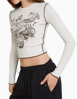BERSHKA Camiseta manga larga rib Negro Online