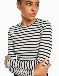 BERSHKA Camiseta manga larga rib Blanco / Negro Sale