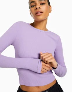 BERSHKA Camiseta manga larga rib Morado Store