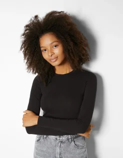 BERSHKA Camiseta manga larga rib Negro Online