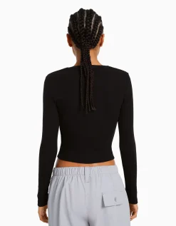 BERSHKA Camiseta manga larga rib Negro Online
