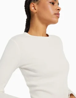 BERSHKA Camiseta manga larga rib Blanco Outlet