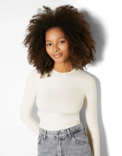 BERSHKA Camiseta manga larga rib Blanco roto New