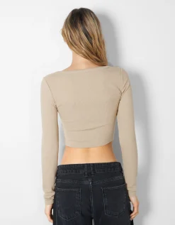 BERSHKA Camiseta manga larga rib textura Negro Best