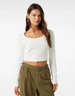 BERSHKA Camiseta manga larga rib textura Negro Store