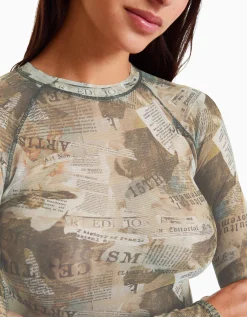 BERSHKA Camiseta manga larga tul ranglan Rosa Best Sale