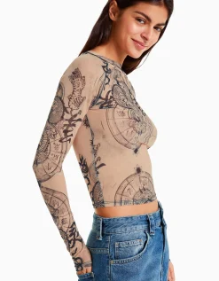 BERSHKA Camiseta manga larga tul ranglan Rosa Online