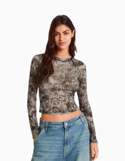 BERSHKA Camiseta manga larga tul ranglan Rosa Shop