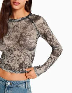 BERSHKA Camiseta manga larga tul ranglan Rosa Shop
