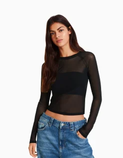 BERSHKA Camiseta manga larga tul ranglan Rosa Flash Sale