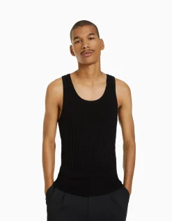 BERSHKA Camiseta sin mangas canalé Negro Discount