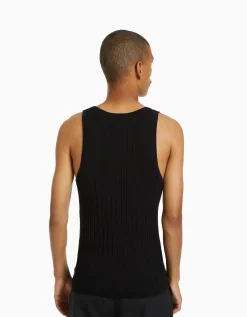 BERSHKA Camiseta sin mangas canalé Negro Discount