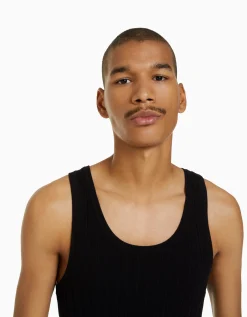 BERSHKA Camiseta sin mangas canalé Negro Discount