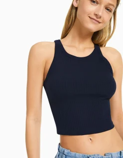 BERSHKA Camiseta sin mangas rib Marino Store