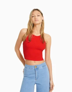 BERSHKA Camiseta sin mangas rib Rojo Best Sale