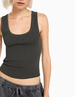 BERSHKA Camiseta sin mangas rib Gris Fashion