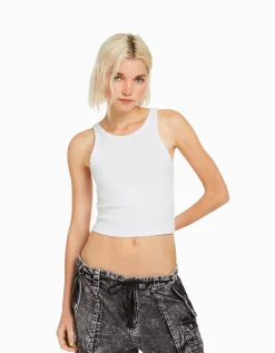 BERSHKA Camiseta sin mangas rib Blanco roto Clearance